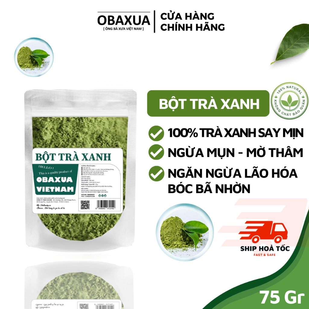 Bột trà xanh đắp mặt nguyên chất sấy lạnh hữu cơ Obaxua 100% Organic