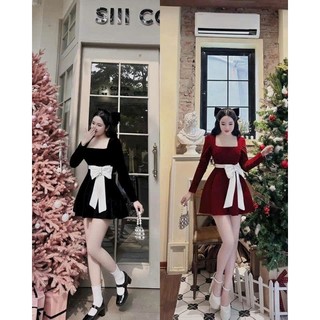 Đầm thời trang nữ mặc đi chơi noel chất nhung cổ vuông tay dài đính nơ eo siêu xinh váy chữ A mini 2 màu