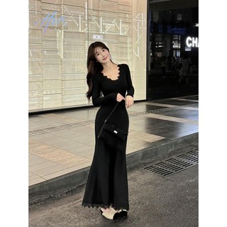 Đen đầm ren đuôi cá tay dài cổ chữ v thời trang