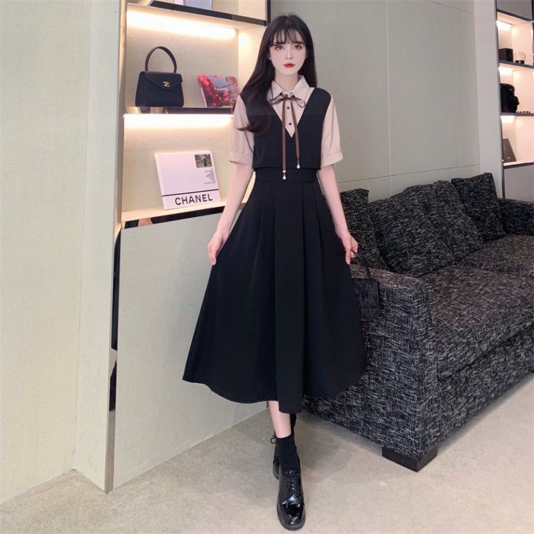 Váy đầm tiểu thư chất corduroy phối twill dày dặn nhiều màu liền mảnh kiểu Pháp