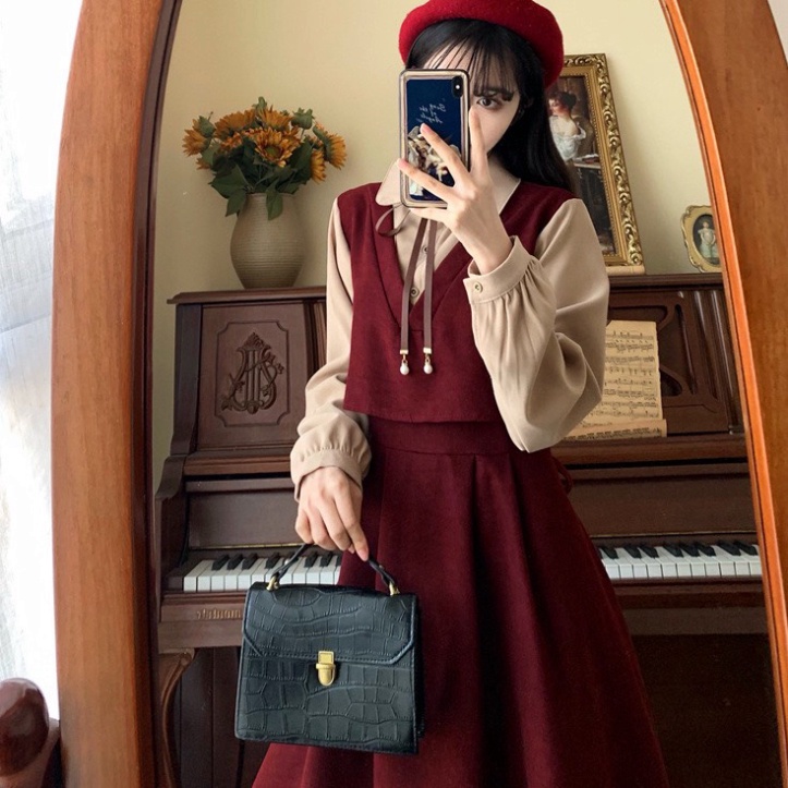 Váy đầm tiểu thư chất corduroy phối twill dày dặn nhiều màu liền mảnh kiểu Pháp