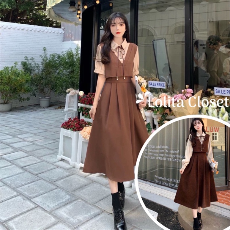 Váy đầm tiểu thư chất corduroy phối twill dày dặn nhiều màu liền mảnh kiểu Pháp