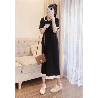 Váy v69, đầm polo dáng suông cổ sen phối viền bèo sang chảnh dáng dài