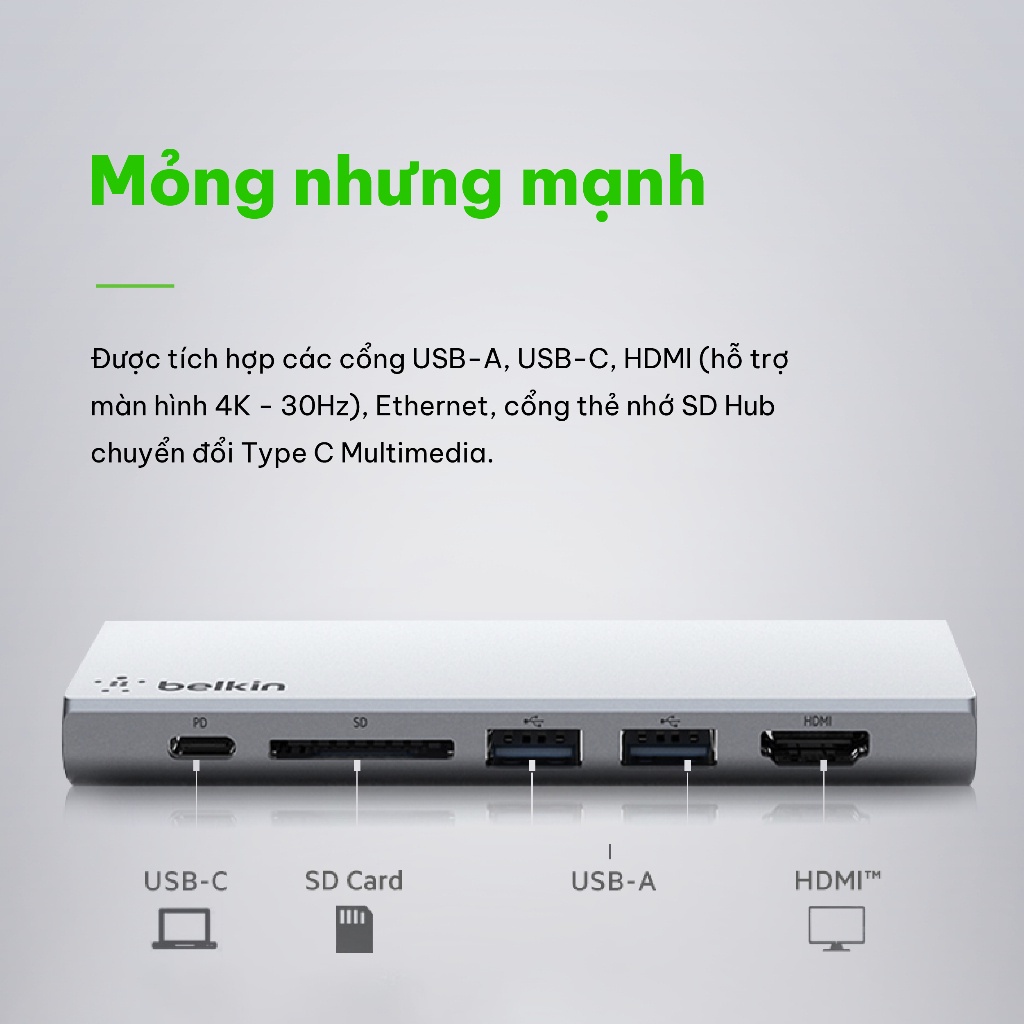 Hub chuyển đổi Belkin USB Type C Multimedia 6in1 - HDMI 4K 30Hz, Gigabit ethernet