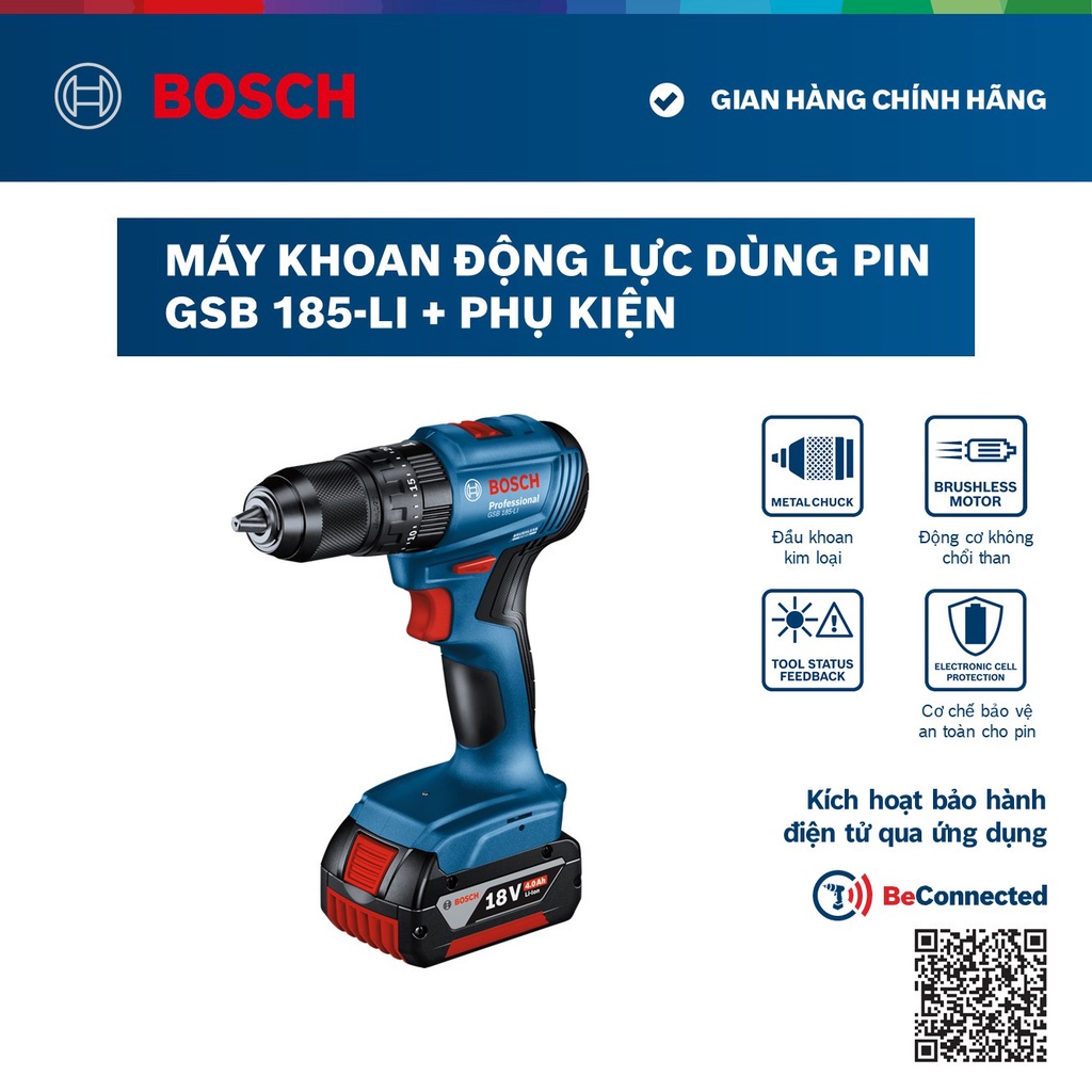 Máy khoan động lực dùng pin Bosch GSB 185-LI + Phụ kiện