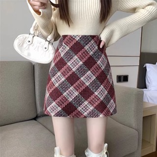 Jiashucheng Chân Váy Len Dáng Chữ a Lưng Cao Họa Tiết Sọc Caro Đỏ Thời Trang Thu Đông Dành Cho Bạn Nữ