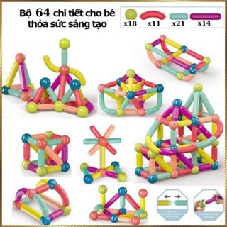Bộ Xếp Hình Nam Châm 64 Chi Tiết Đồ Chơi Xếp Hình Nam Châm Thông Minh An Toàn Cho Bé Bắp Kisd
