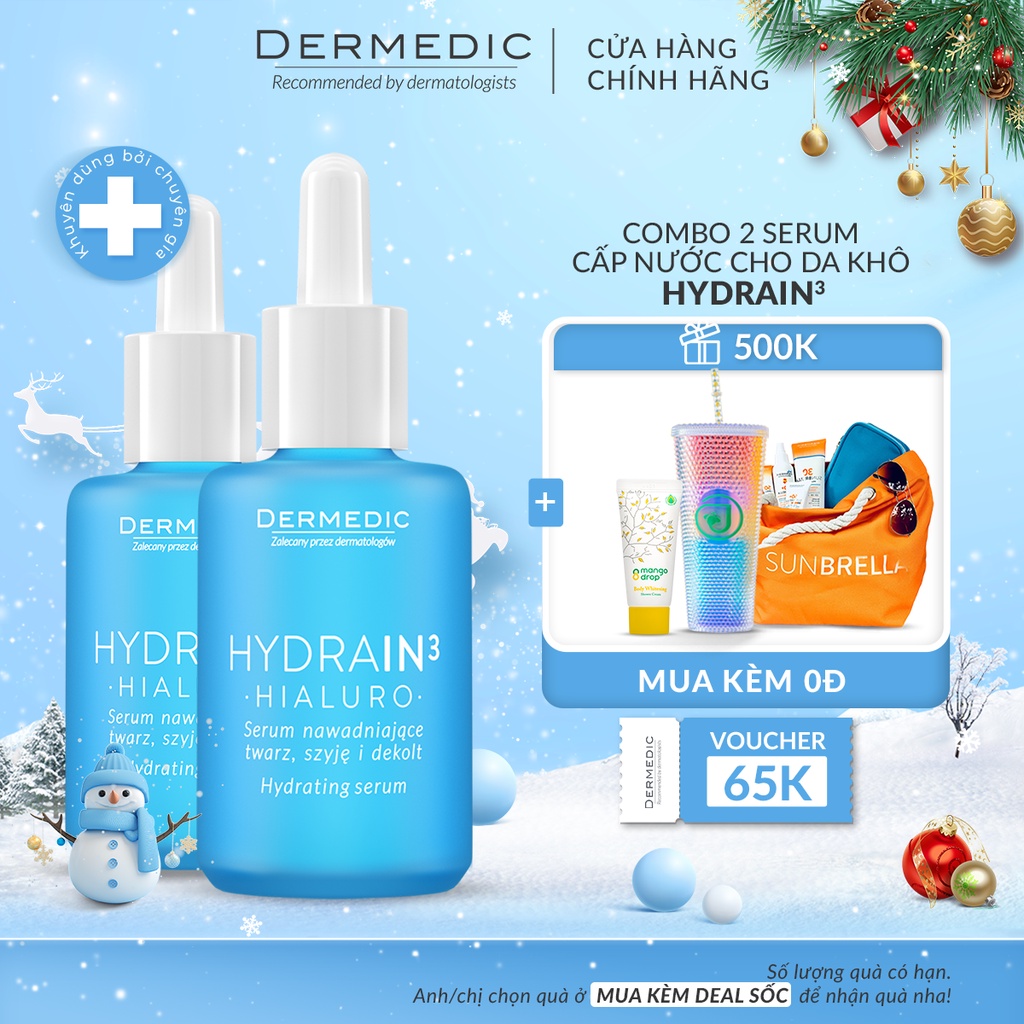 Combo 2 Serum cấp nước cấp ẩm da khô Dermedic Hydrain3 Hialuro Hydrating Serum For Face, Neck And Decolltage 30 ml