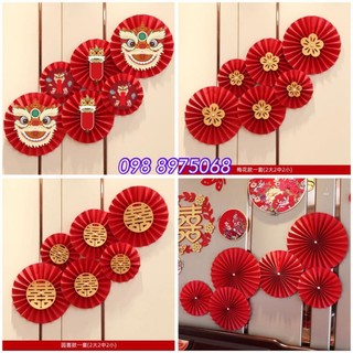Set 6 Quạt giấy đỏ trang trí tết đã gấp sẵn, decor trang trí nhà cửa Tết 2024