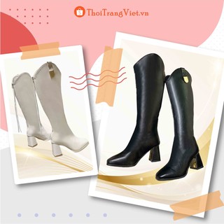 Bốt đùi nữ mũi vuông cổ sóng dây dài khoá kéo, Bốt nữ cổ cao đế 7p 2 màu kem đen gót tráng gương mẫu mới
