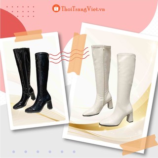 Giày bốt đùi dành cho nữ chất da bóng khoá cạnh đế 7p, Bốt nữ cổ tròn ôm chân cao gót mũi vuông dưới đầu gối mẫu mới