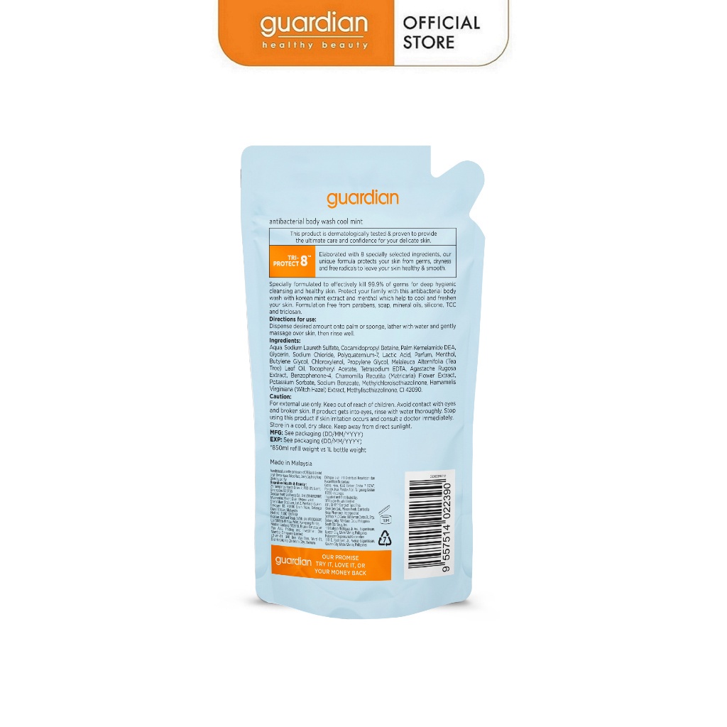 Túi Refill Sữa Tắm Sạch Khuẩn Guardian Antibacterial Body Wash Cool Mint Bạc Hà Mát Lạnh 850ml