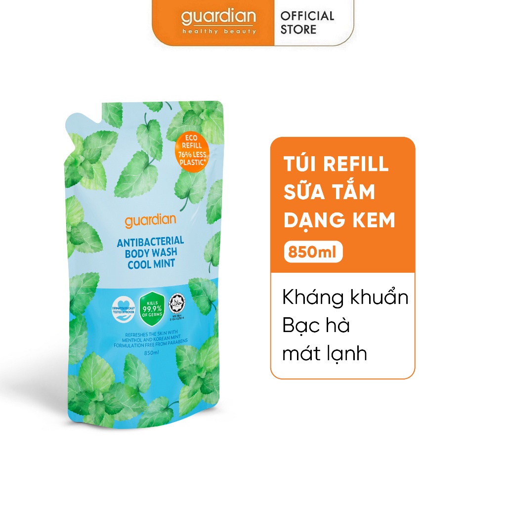 Túi Refill Sữa Tắm Sạch Khuẩn Guardian Antibacterial Body Wash Cool Mint Bạc Hà Mát Lạnh 850ml