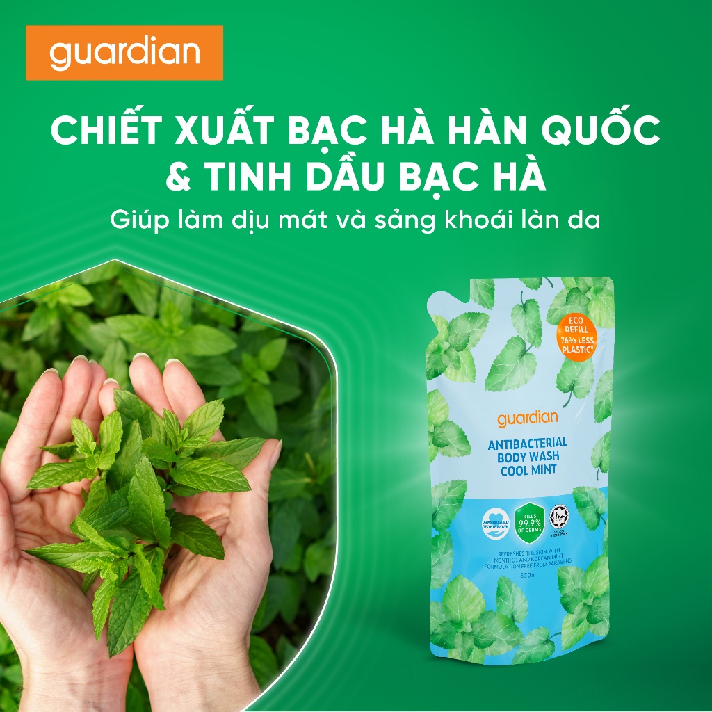 Túi Refill Sữa Tắm Sạch Khuẩn Guardian Antibacterial Body Wash Cool Mint Bạc Hà Mát Lạnh 850ml