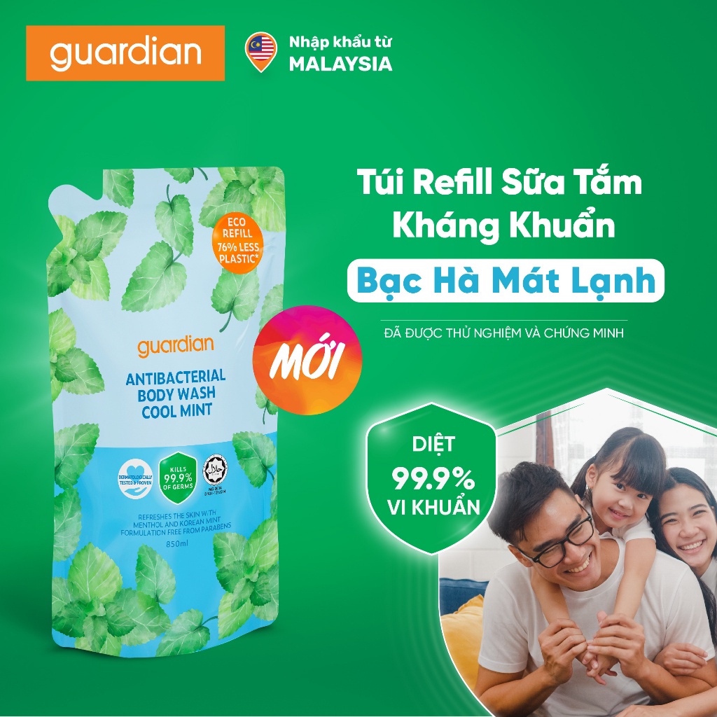 Túi Refill Sữa Tắm Sạch Khuẩn Guardian Antibacterial Body Wash Cool Mint Bạc Hà Mát Lạnh 850ml