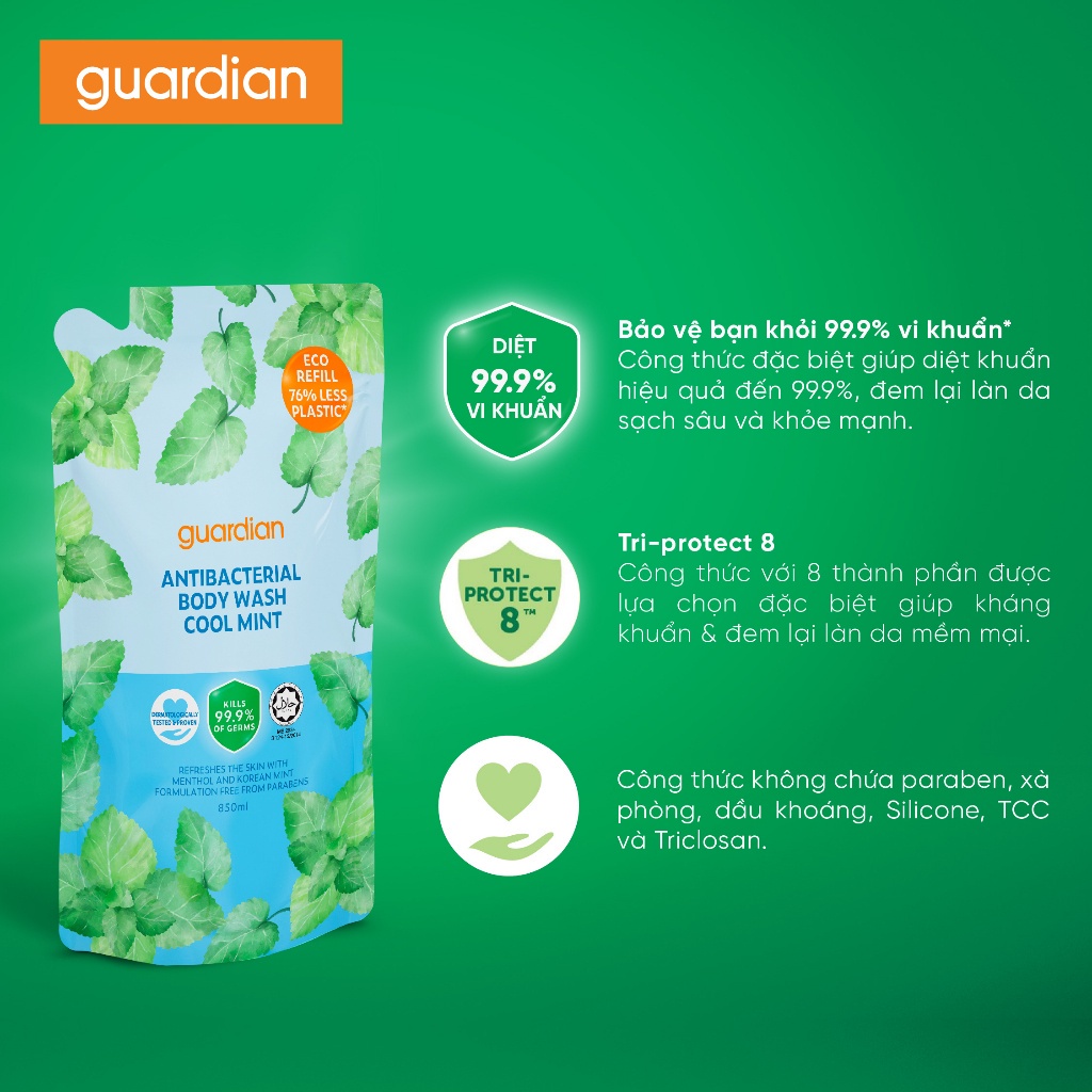 Túi Refill Sữa Tắm Sạch Khuẩn Guardian Antibacterial Body Wash Cool Mint Bạc Hà Mát Lạnh 850ml