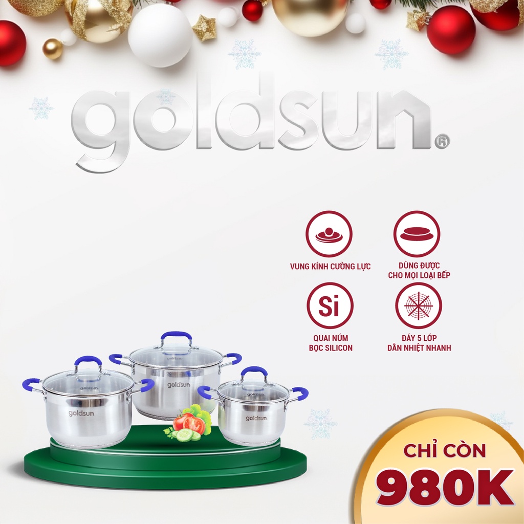 Bộ Nồi Inox Đáy Từ Goldsun Có 5 Lớp Dùng Trên Mọi Loại Bếp Có 3 Kích Cỡ (16-20-24 cm) - GPS1750-S