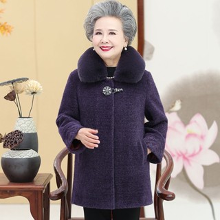 Áo khoác nhung lông chồn mùa đông dành cho phụ nữ trung niên và người cao tuổi bà ngoại len mẹ dày vừa chiều dài