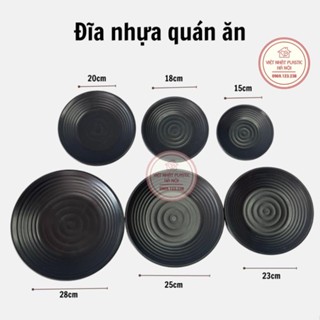 {Giá sỉ} Đĩa tròn gân nhám đen nhựa phíp Melamine Việt Nhật nhiều Size 15,18,20,23,25,28,30cm
