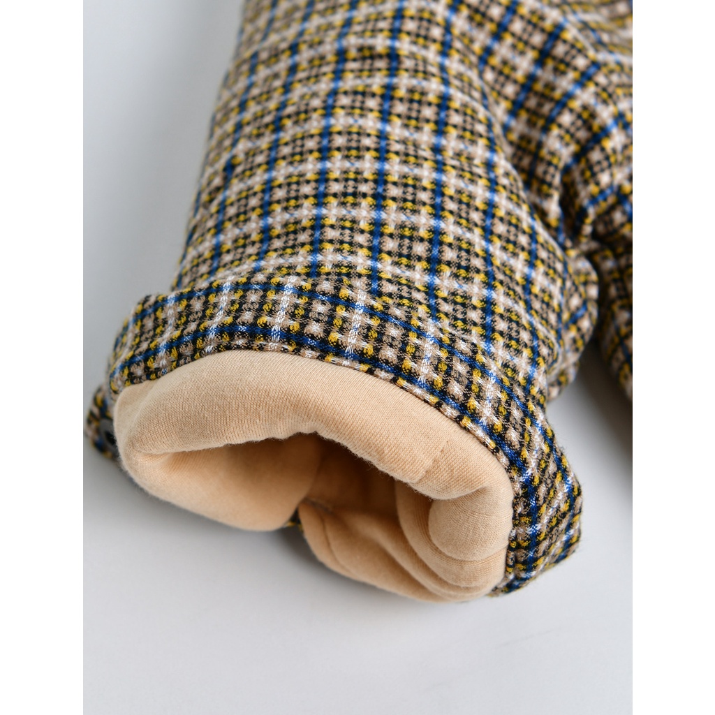 Áo khoác dạ cổ nhung M.oimoln xuất Hàn kẻ caro xanh nâu