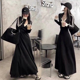 Váy đầm xòe dài tay cổ chữ V họa tiết kẻ sọc viền retro phong cách Hàn Quốc hàng Quảng Châu co giãn (CÓ BIG SIZE) SP71
