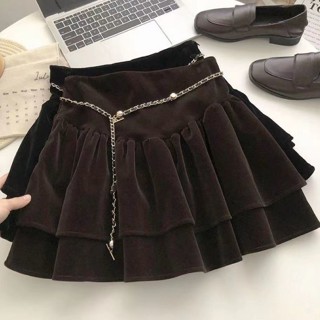  Jiashucheng Chân Váy Nhung Ngắn Lưng Cao Phối Bèo Lá Sen Vàng Thời Trang Thu Đông Mới Dễ Phối Đồ 