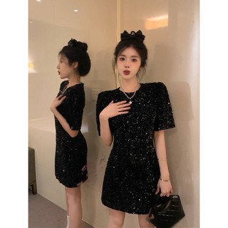    Đầm Đen Tay Ngắn Ôm Eo Đính Kim Sa Lấp Lánh Kiểu Pháp Thời Trang Mùa Hè 2023 Cho Nữ