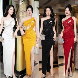 Đầm dạ hội thiết kế lệch vai kết đá pha lê cao cấp-TK TẶNG HOA TAI