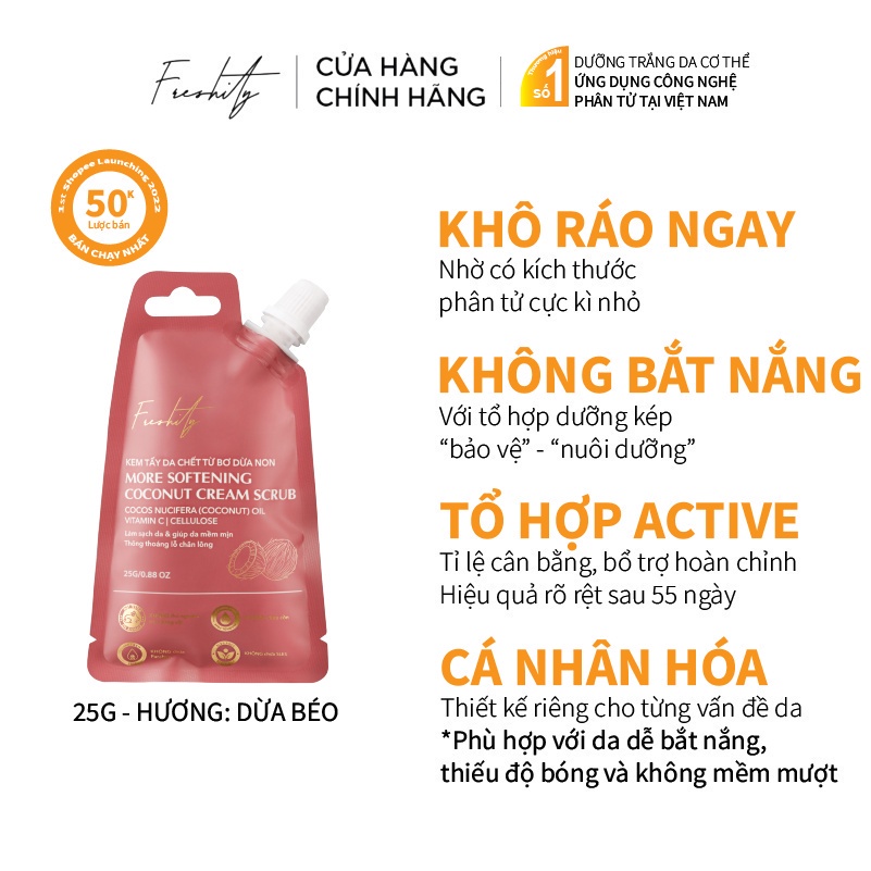 Kem tẩy da chết cơ Freshity 25g thể chiết xuất bơ dừa non cho làn da sáng sạch mềm mượt
