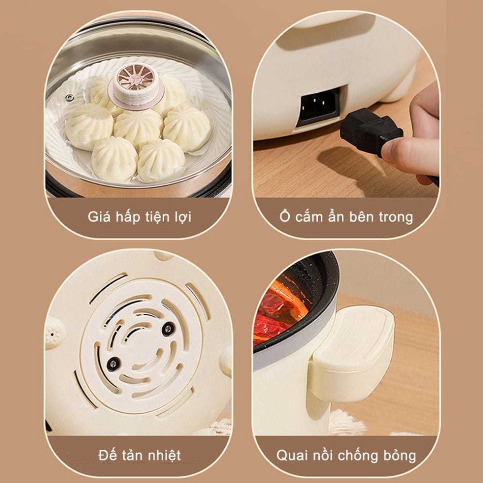 Nồi Lẩu Điện Mini Mandeli 28Cm, Nồi Điện đa chức năng Kèm Xửng Hấp Inox Dung Tch 4L, Độ Chống Dính Cao Giúp Chiên xào