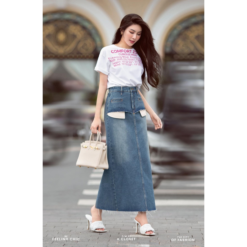 Chân váy Jeans Midi xẻ sau cạp cao phong cách năng động dễ phối đồ K CLOSET - KC1261