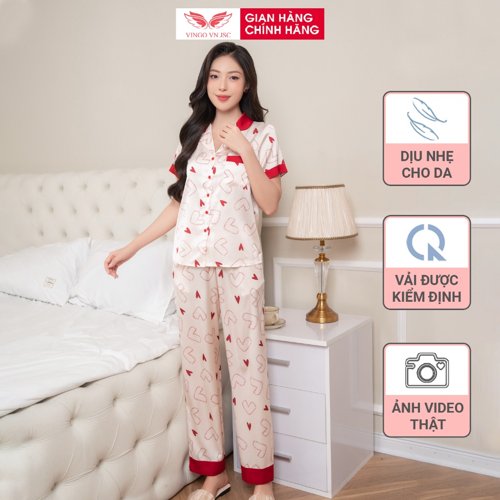 Đồ bộ Pijama lụa mặc nhà mùa Thu Đông VINGO tay ngắn quần dài màu be H1062 VNGO