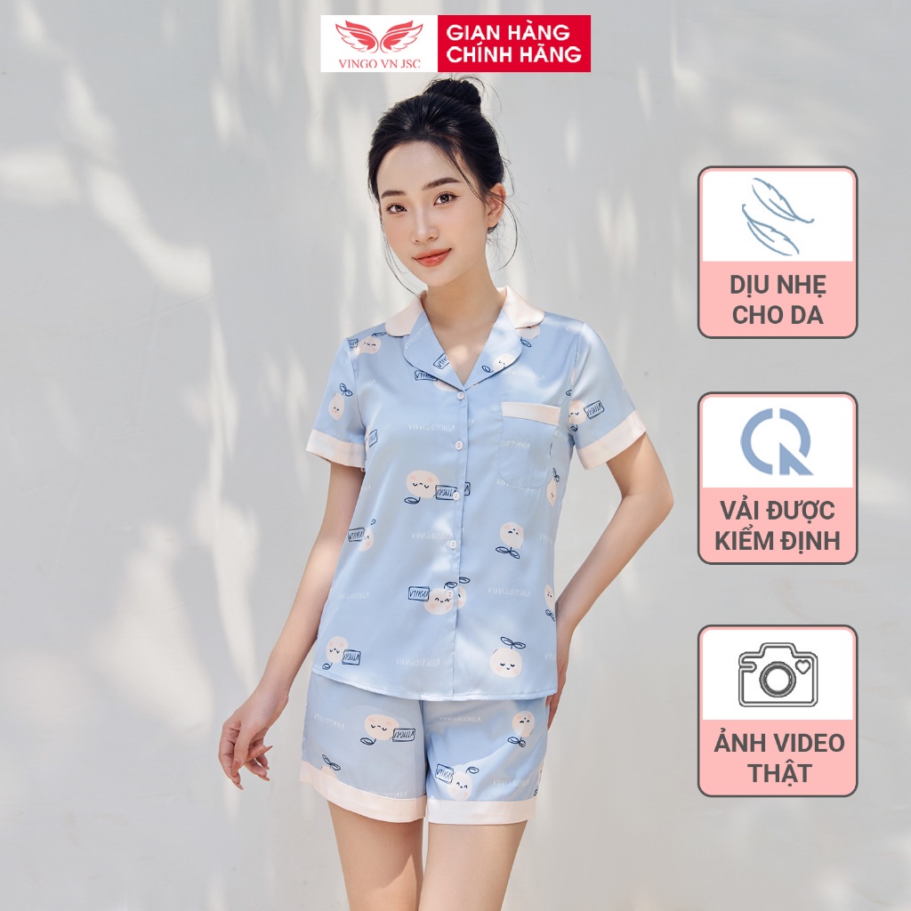 Đồ bộ nữ Pijama mặc nhà Lụa cao cấp mùa hè VINGO tay ngắn quần đùi dáng suông màu xanh quả be dễ thương H936 VNGO