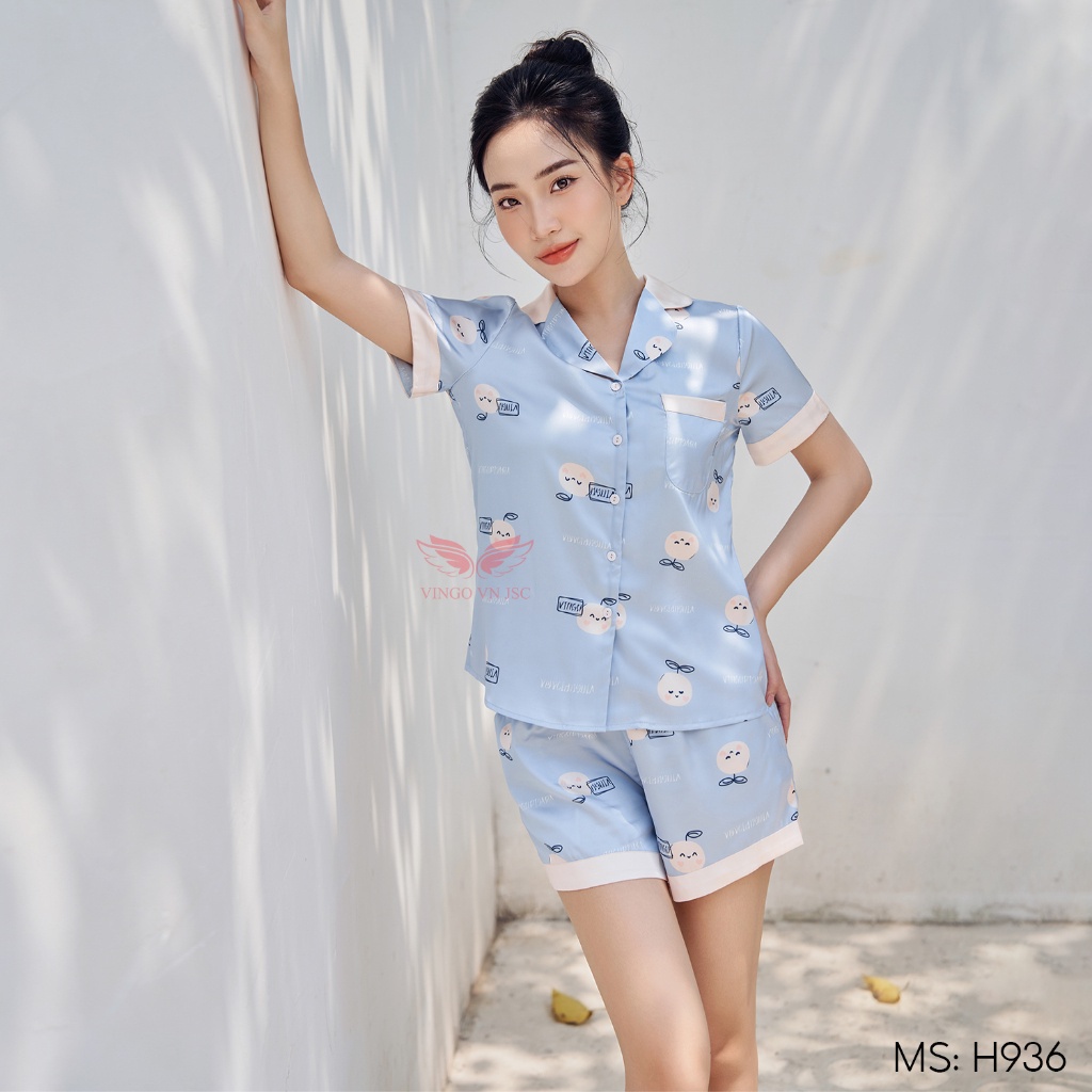 Đồ bộ nữ Pijama mặc nhà Lụa cao cấp mùa hè VINGO tay ngắn quần đùi dáng suông màu xanh quả be dễ thương H936 VNGO