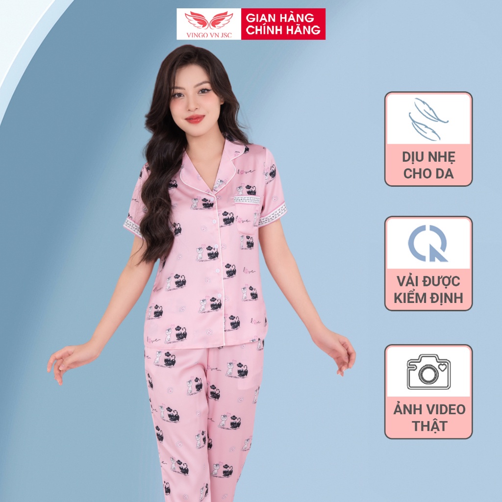 Đồ bộ mặc nhà Pijama lụa mặc nhà cao cấp Thu Đông VINGO tay ngắn quần dài hoạ tiết dễ thương H969 VNGO