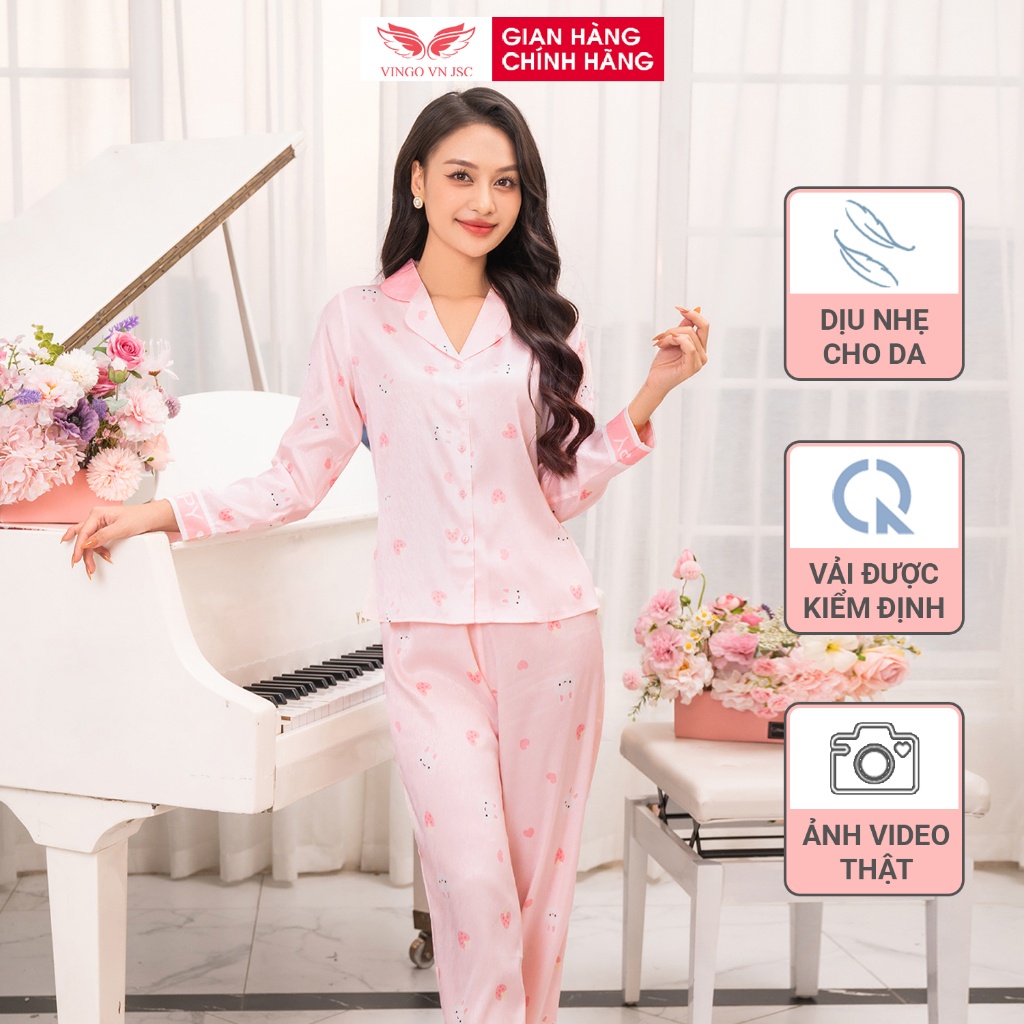 Đồ bộ mặc nhà Pijama lụa vân gỗ mùa Thu Đông VINGO tay dài quần dài dáng eo thỏ hồng H1072 VNGO