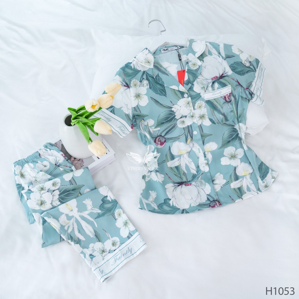 Pijama lụa bộ đồ ngủ mặc nhà cao cấp mùa Thu Đông VINGO áo tay ngắn quần dài dáng eo hoa Sơn Chi xanh H1053 VNGO