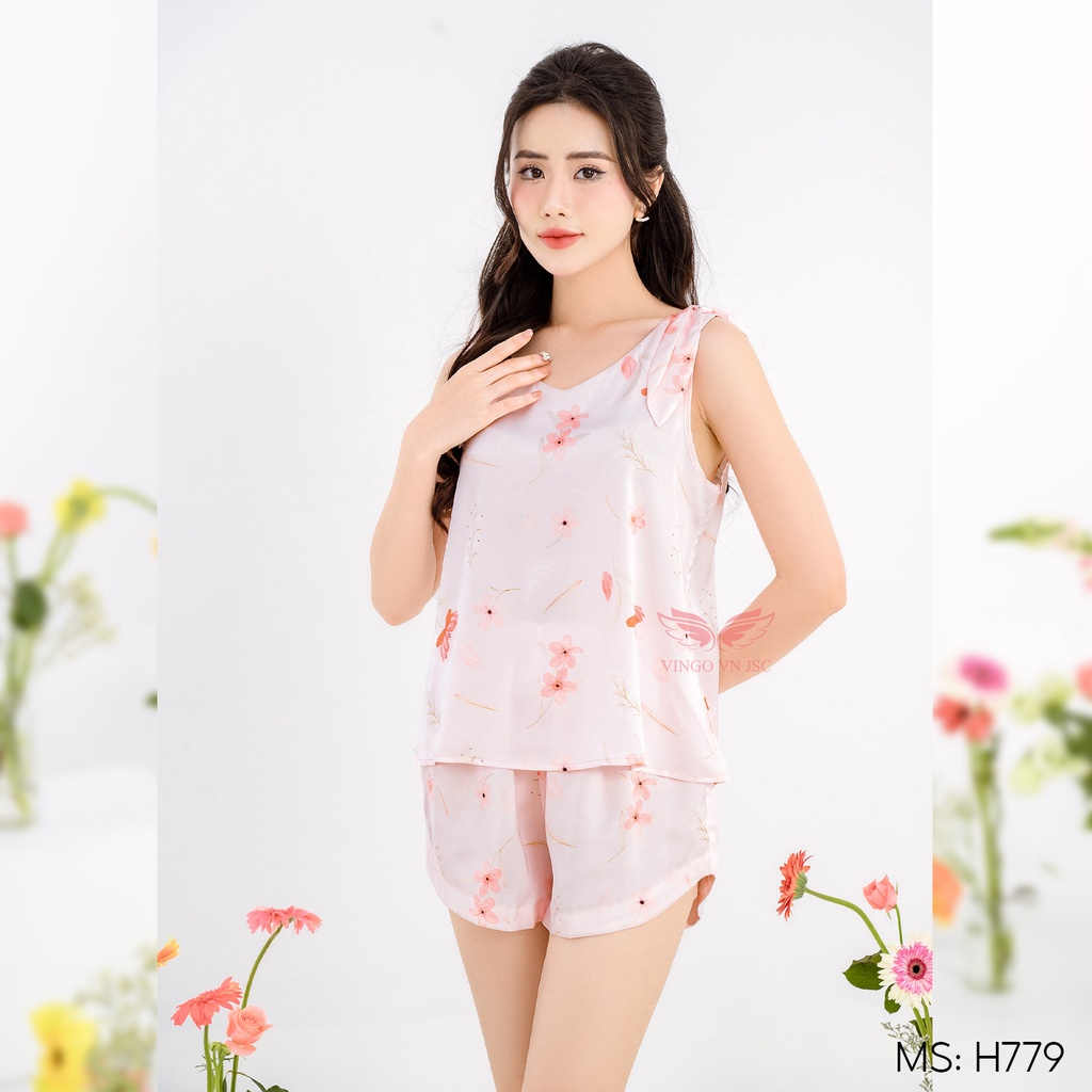 Đồ bộ mặc nhà Pijama lụa mặc nhà cao cấp VINGO áo sát nách phối nơ quần lửng H779 - H1020 VNGO