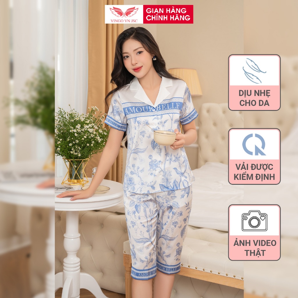 Pijama lụa bộ đồ ngủ mặc nhà cao cấp mùa Thu Đông VINGO áo tay ngắn quần lửng hoa phù dung xanh H1050 VNGO