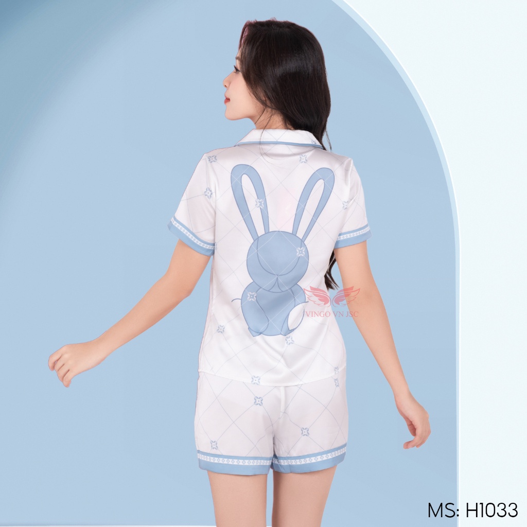 Đồ bộ mặc nhà Pijama lụa cao cấp VINGO tay ngắn quần đùi thỏ trắng H1033 VNGO