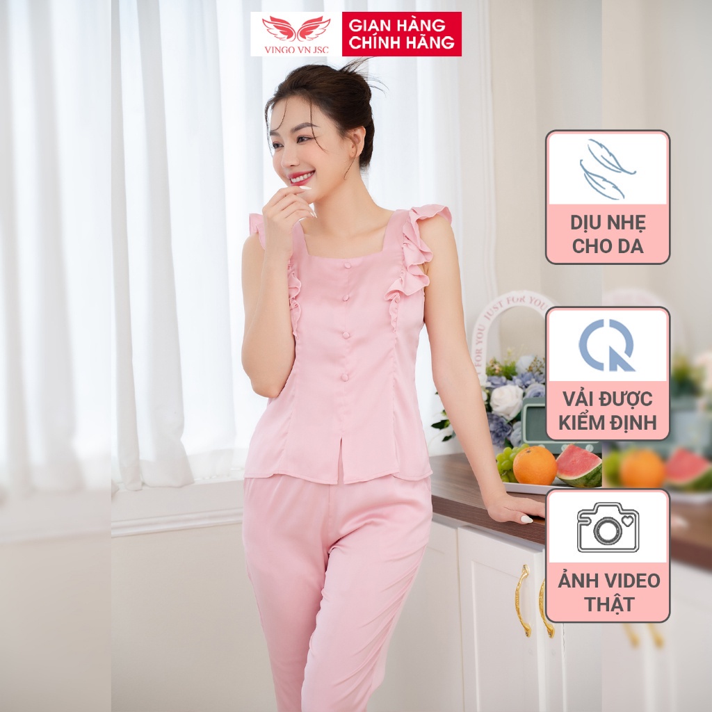 Đồ bộ mặc nhà Pijama lụa mặc nhà cao cấp VINGO tay ngắn quần lửng hoạ tiết trơn H802 VNGO