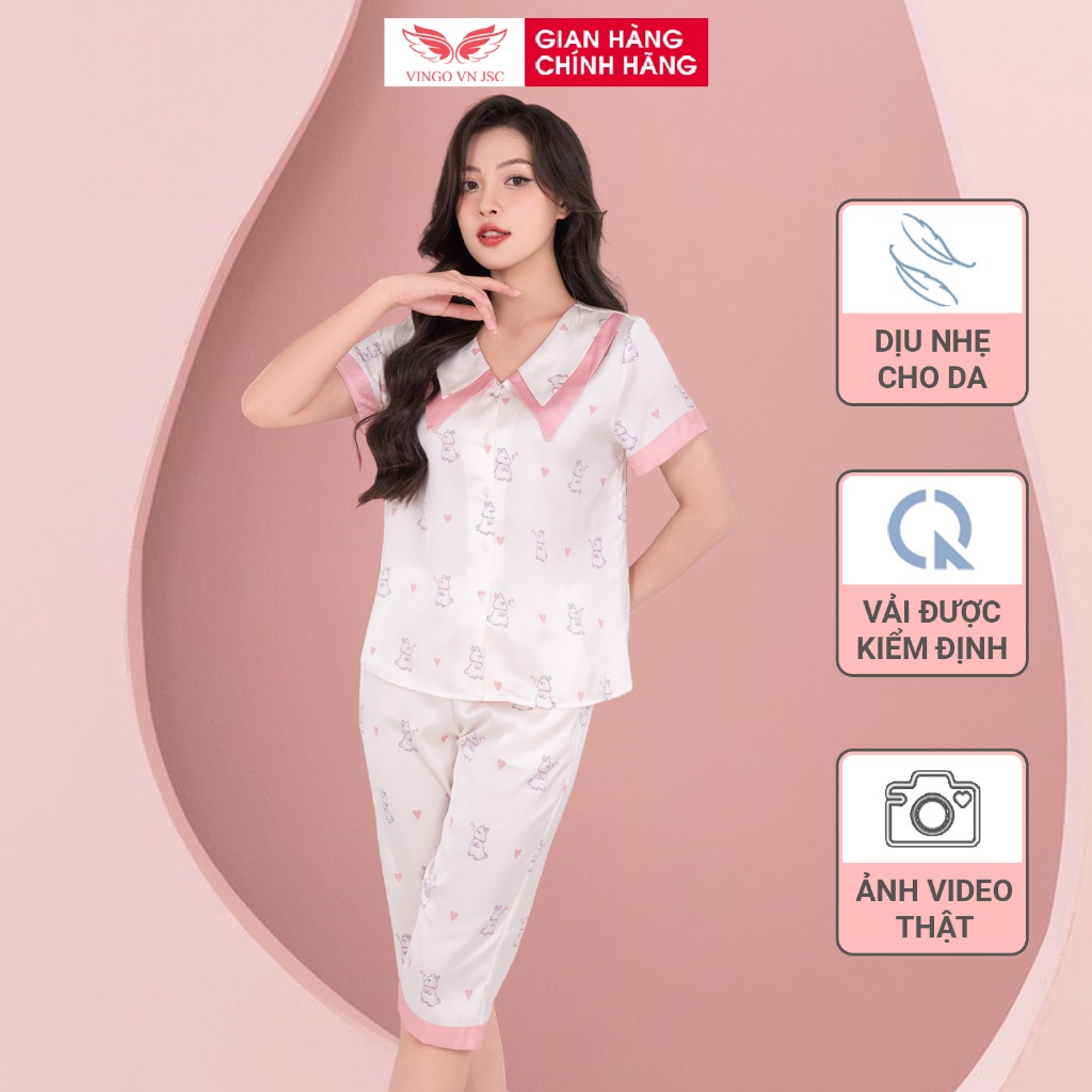Đồ bộ mặc nhà Pijama lụa cao cấp VINGO tay ngắn quần lửng hoạ tiết thỏ be cổ kép mùa Thu Đông H1024 VNGO