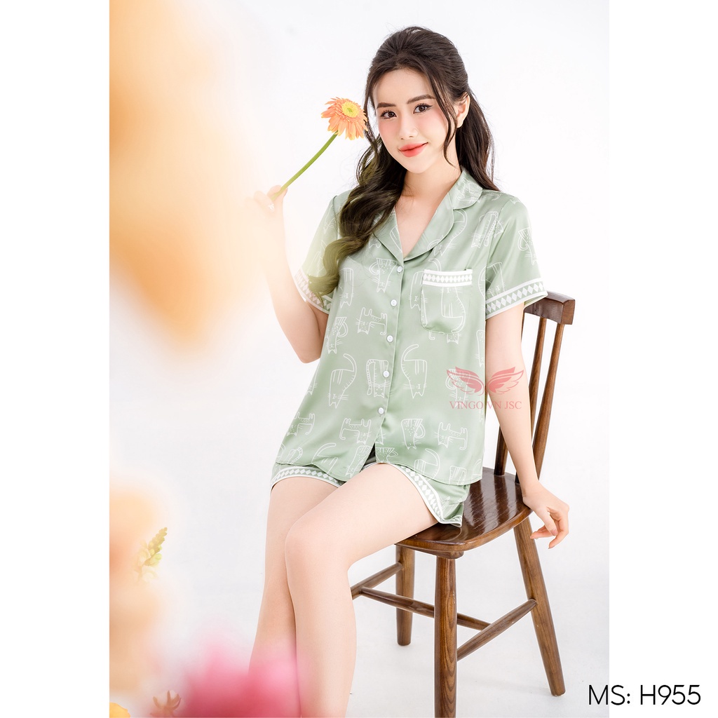 Đồ bộ nữ Pijama mặc nhà Lụa cao cấp mùa Thu Đông VINGO tay ngắn quần đùi dáng suông hoạ tiết mèo màu xanh ngọc H955 VNGO