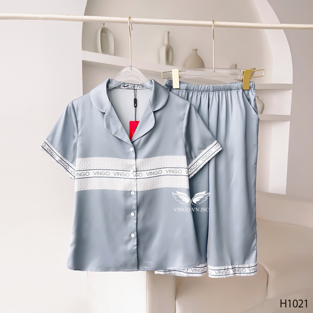 Đồ bộ mặc nhà Pijama lụa cao cấp mùa Thu Đông VINGO tay ngắn quần lửng màu xanh thanh lịch H1021 VNGO