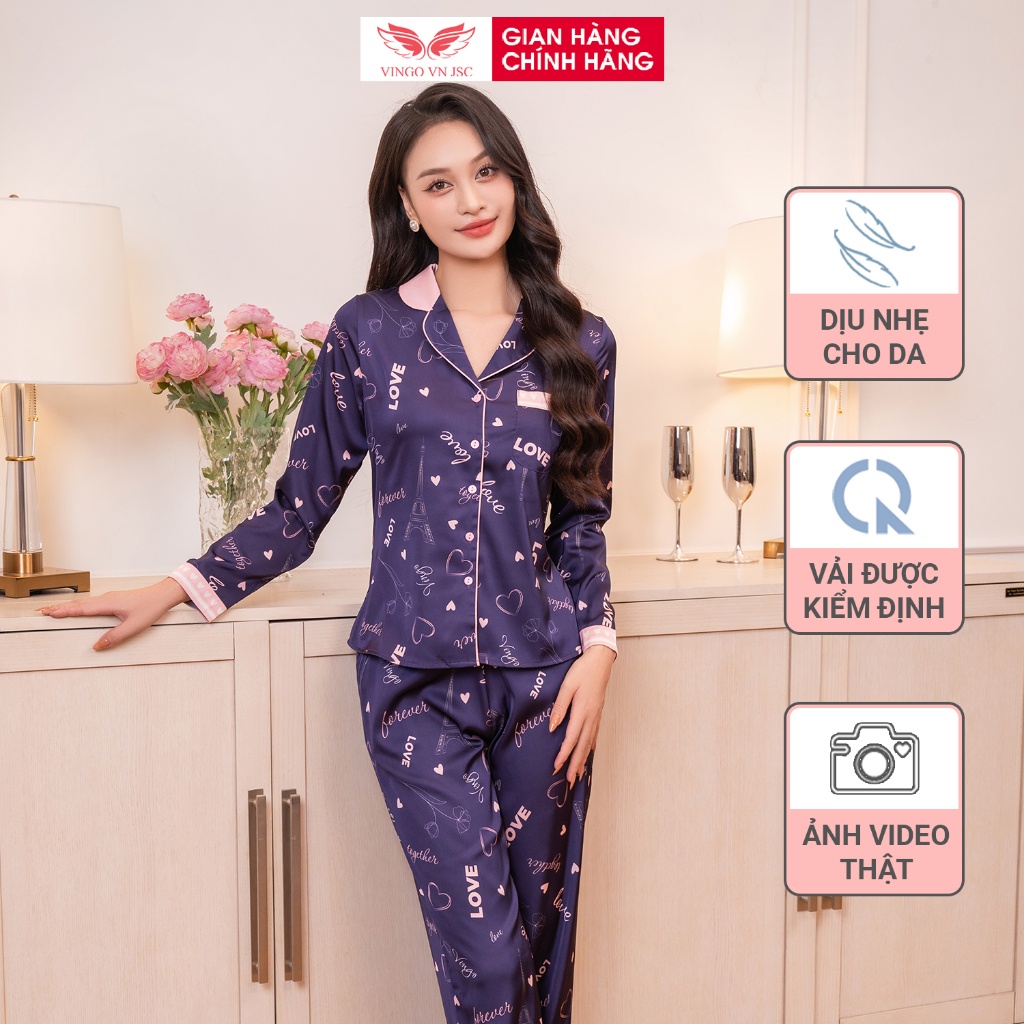 Đồ bộ mặc nhà Pijama lụa cao cấp mùa Thu Đông VINGO tay dài quần dài dáng eo Tháp Eiffel chữ Love H1086 VNGO