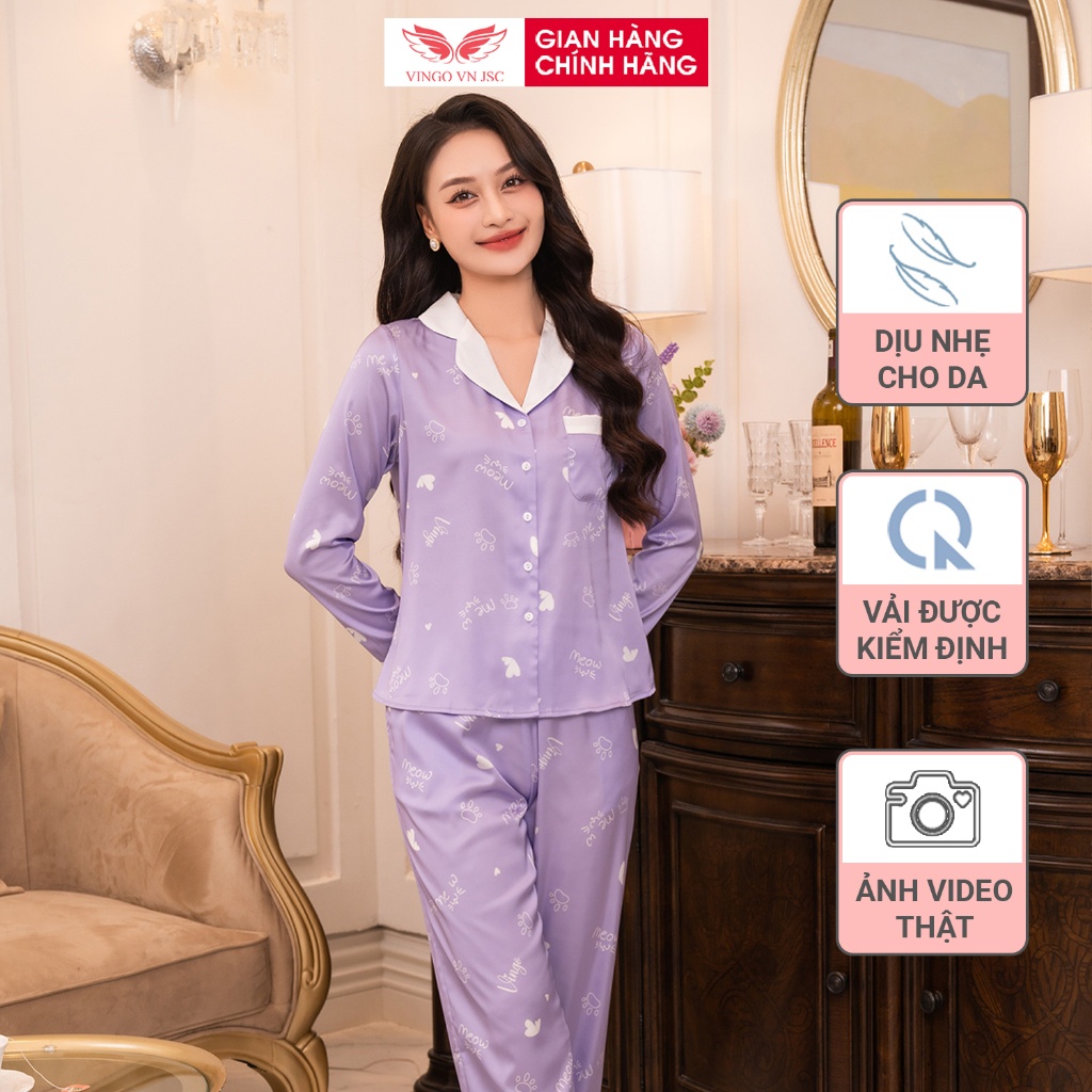 Đồ bộ mặc nhà Pijama lụa cao cấp mùa Thu Đông VINGO tay dài quần dài dáng eo Mèo Tím H1096 VNGO