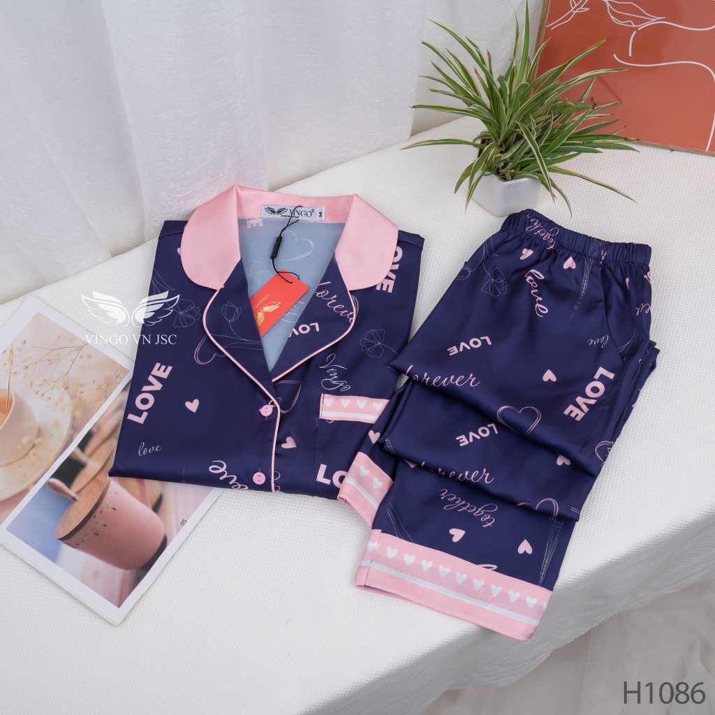 Đồ bộ mặc nhà Pijama lụa cao cấp mùa Thu Đông VINGO tay dài quần dài dáng eo Tháp Eiffel chữ Love H1086 VNGO