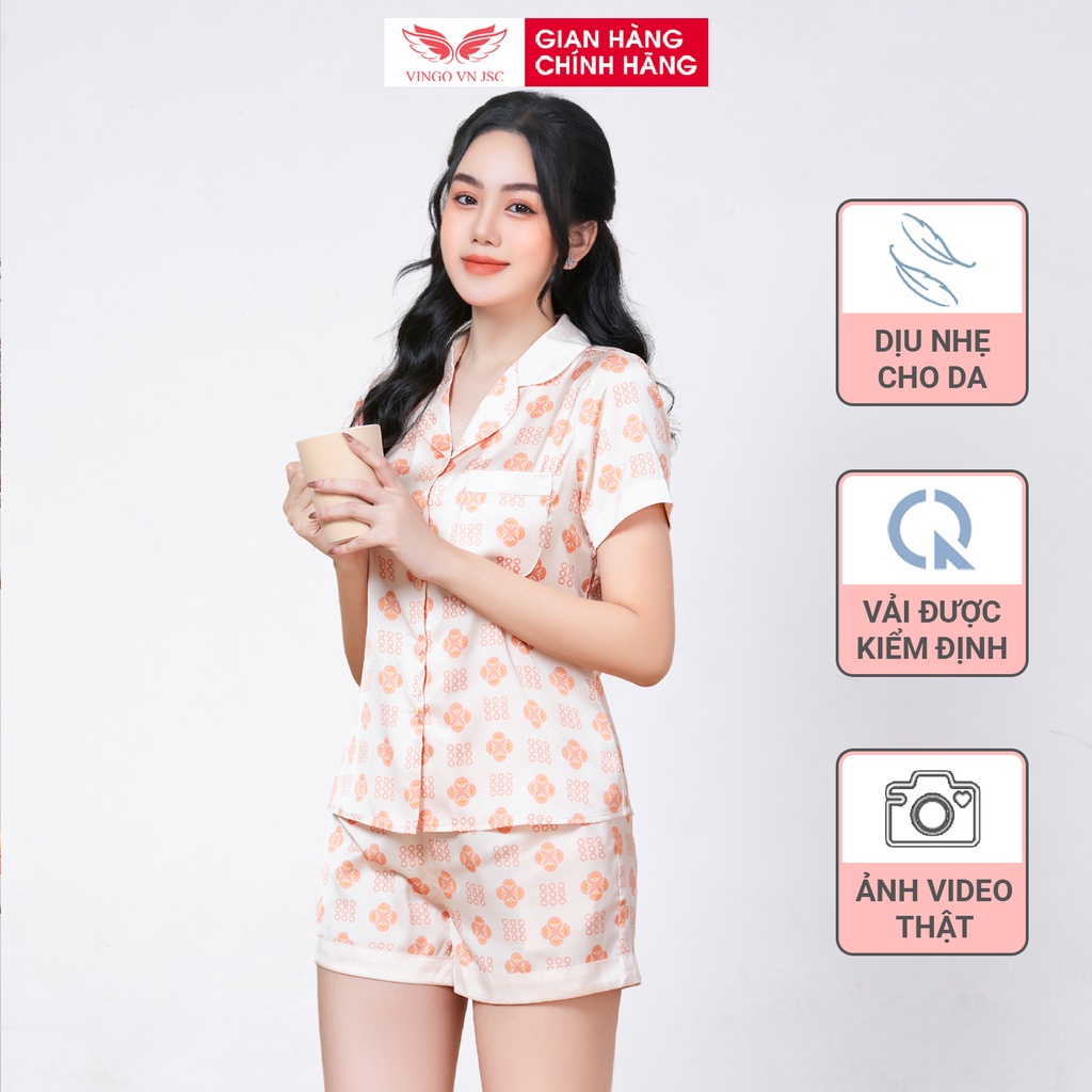 Đồ bộ nữ Pijama mặc nhà Lụa cao cấp mùa hè VINGO tay ngắn quần đùi hoa nền be dễ thương H778 VNGO