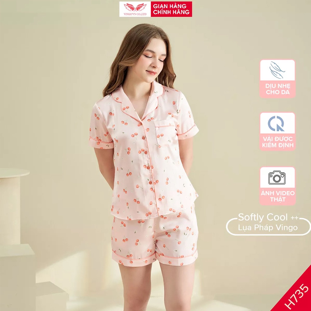 Đồ bộ nữ Pijama mặc nhà Lụa cao cấp mùa hè VINGO tay ngắn quần đùi cherry nền be dễ thương H735 VNGO