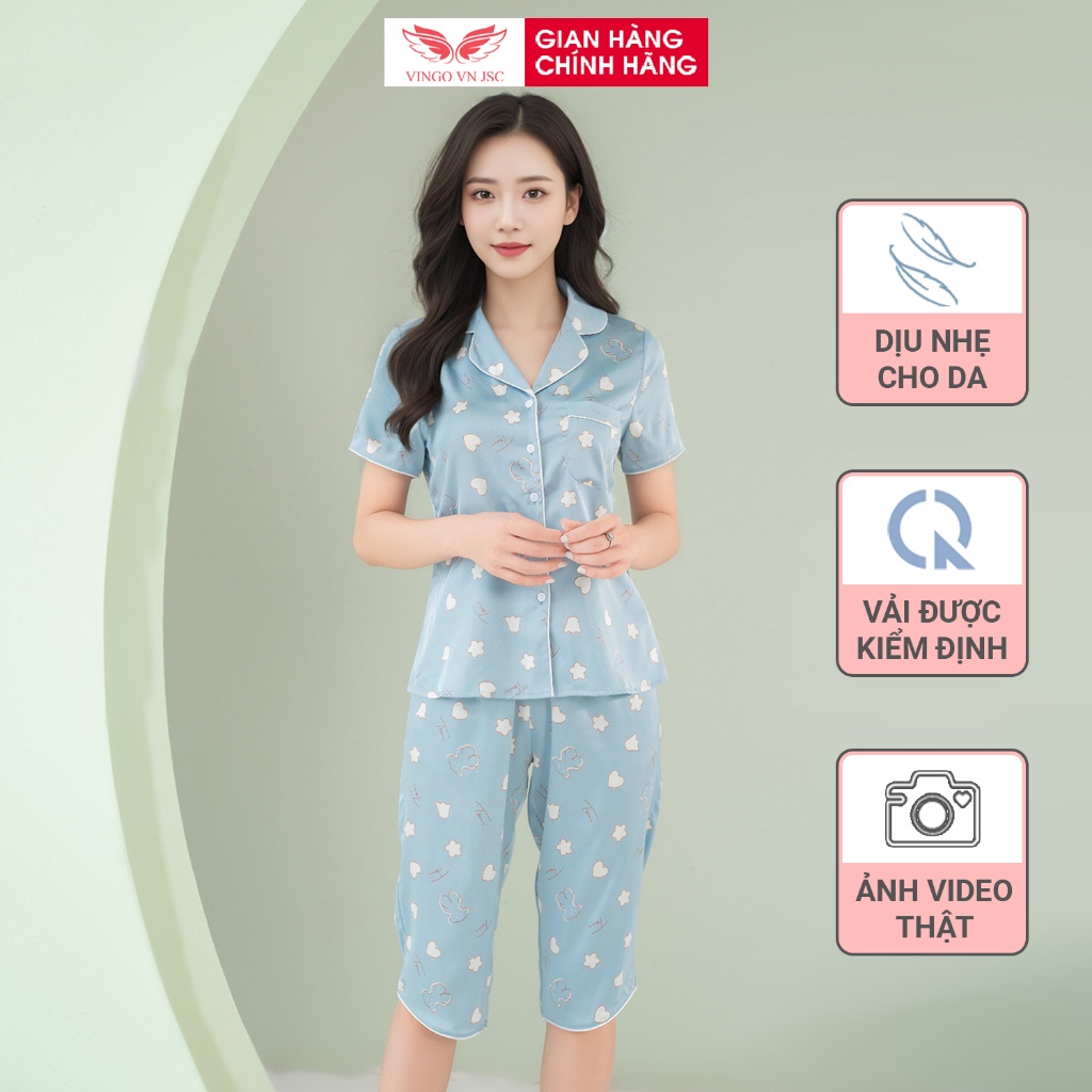 Đồ bộ mặc nhà Pijama lụa mặc nhà cao cấp VINGO tay ngắn quần lửng hoạ tiết đẹp H767 VNGO